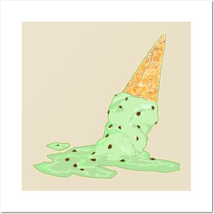 Melting Mint Chocolate Chip Ice Cream Cone Posters and Art